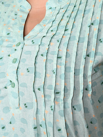 Women Plus Size Green Printed Pintuck Mandarin Collar Longline Top