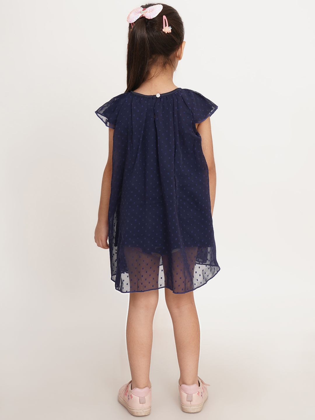 CREATIVE KID'S Girl Navy Blue Swiss-Dot Print A-Line Dress