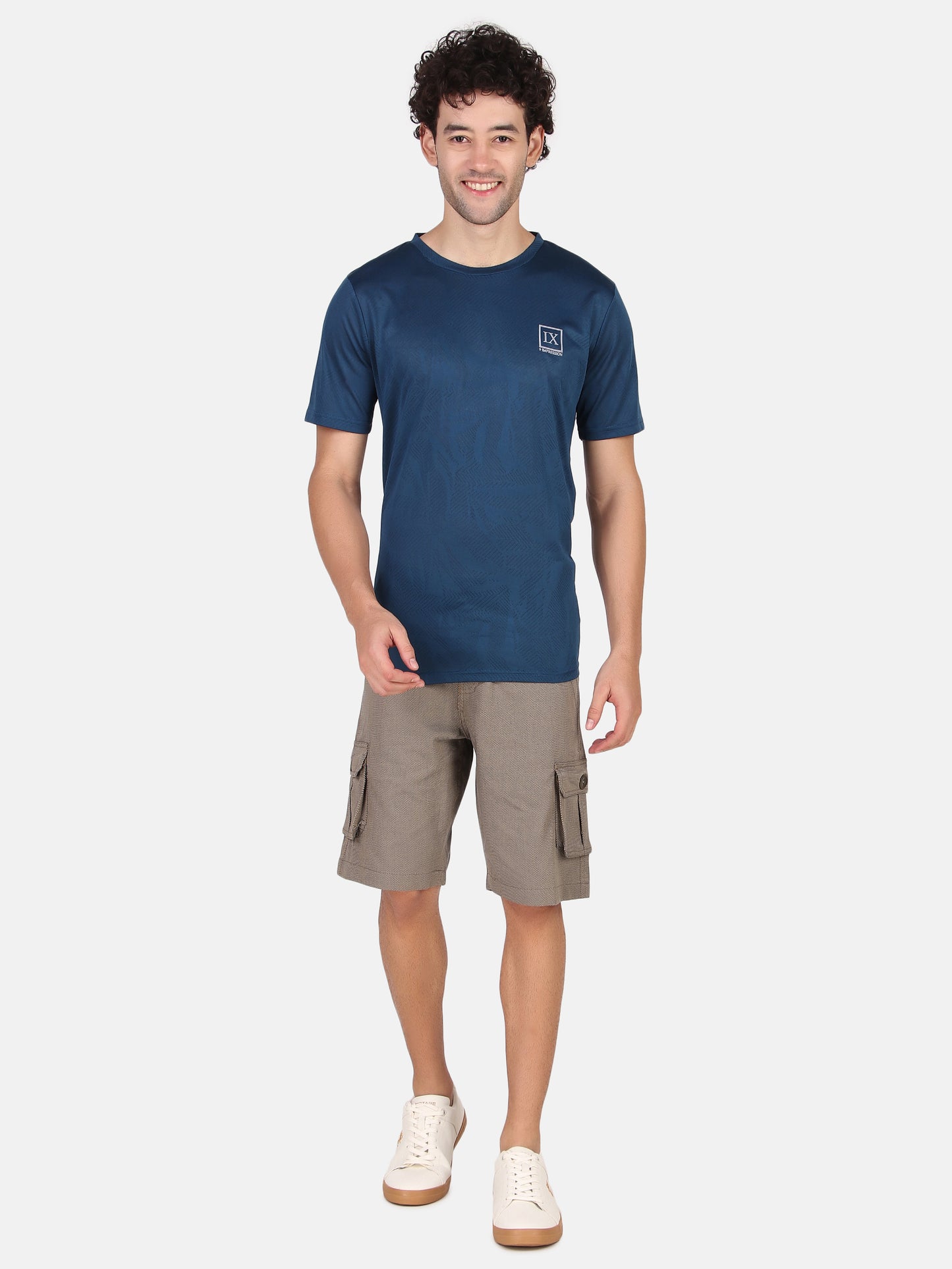 Men Navy Grey Solid Regular Fit Cargo Shorts