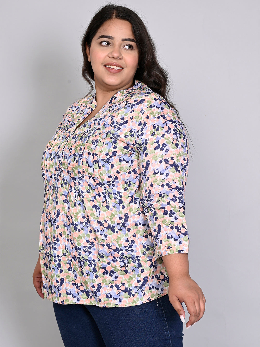 Women Plus Size Multicolor Printed Pintuck Mandarin Collar Longline Top