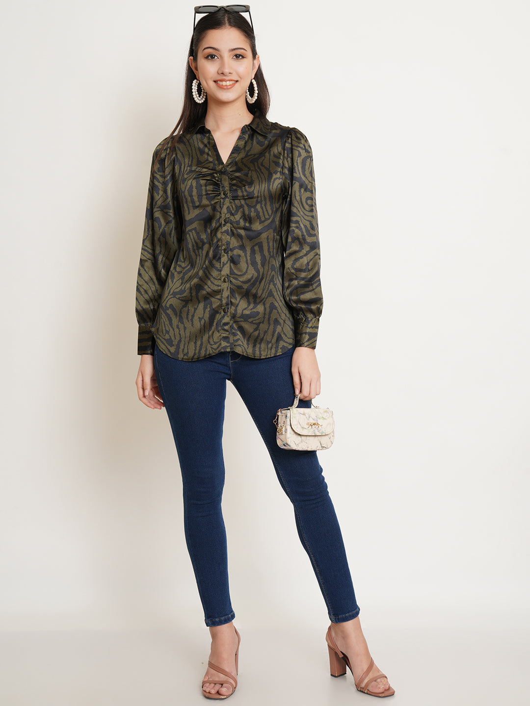 Women Black & Green Printed Satin Full Sleeves Shirt Collared Tops