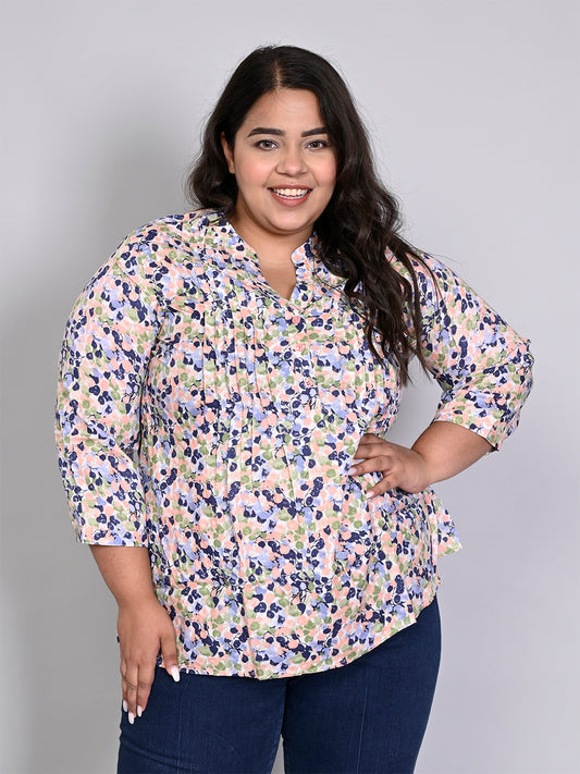 Women Plus Size Multicolor Printed Pintuck Mandarin Collar Longline Top