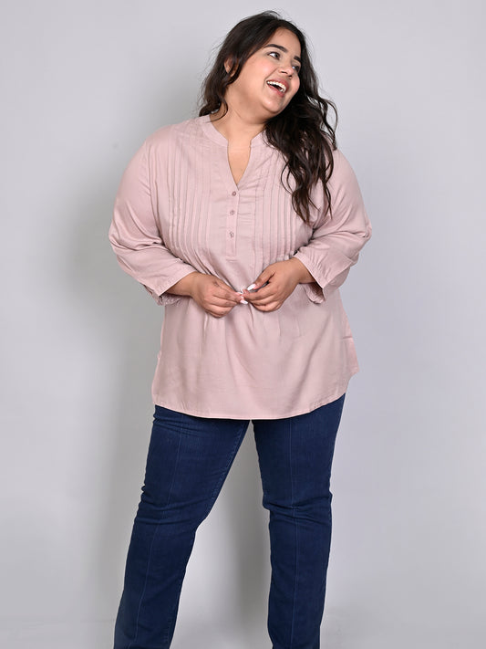 9 Impression Women Plus Size Beige Solid Pintuck Mandarin Collar Longline Top