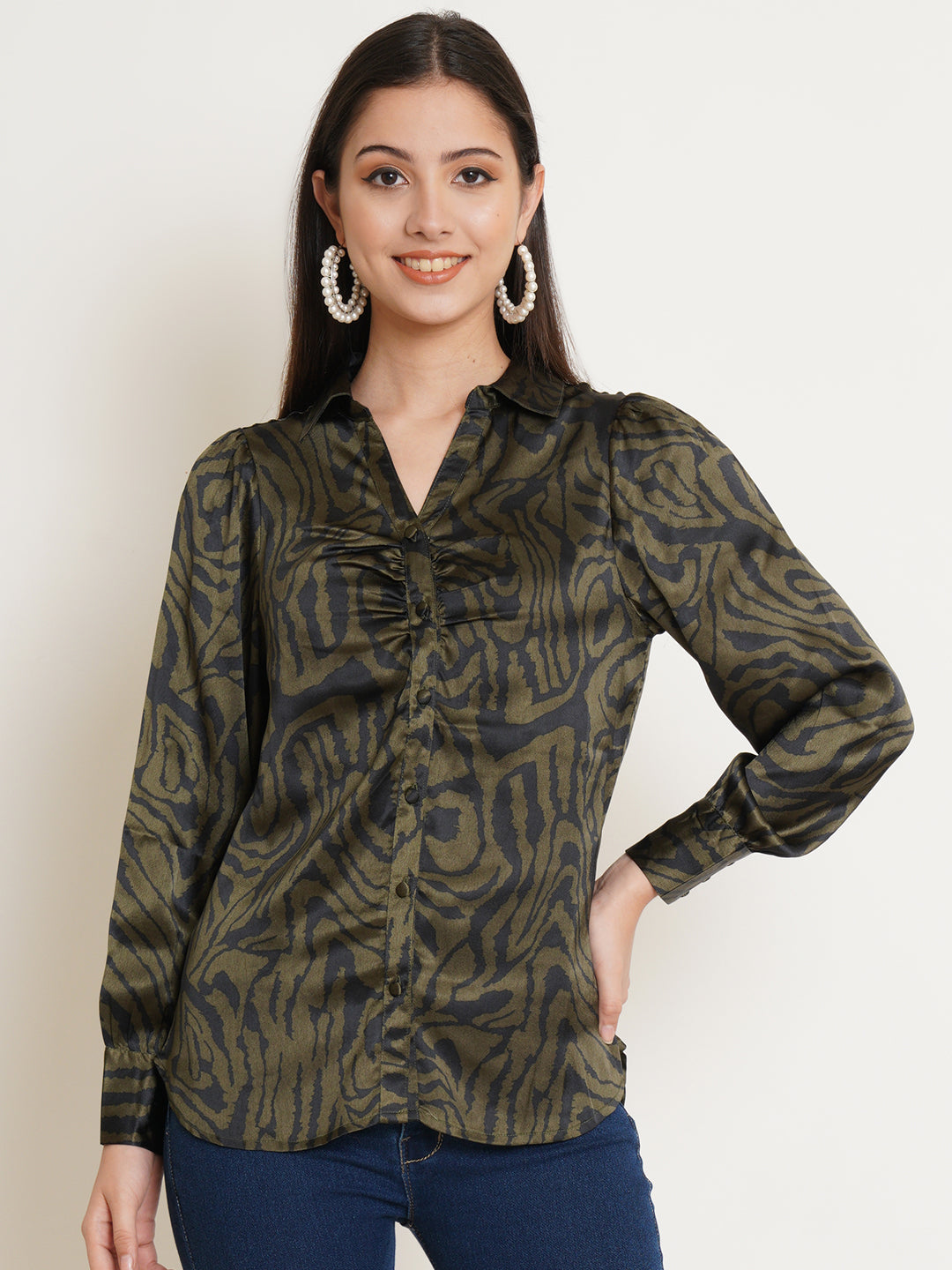 Women Black & Green Printed Satin Full Sleeves Shirt Collared Tops