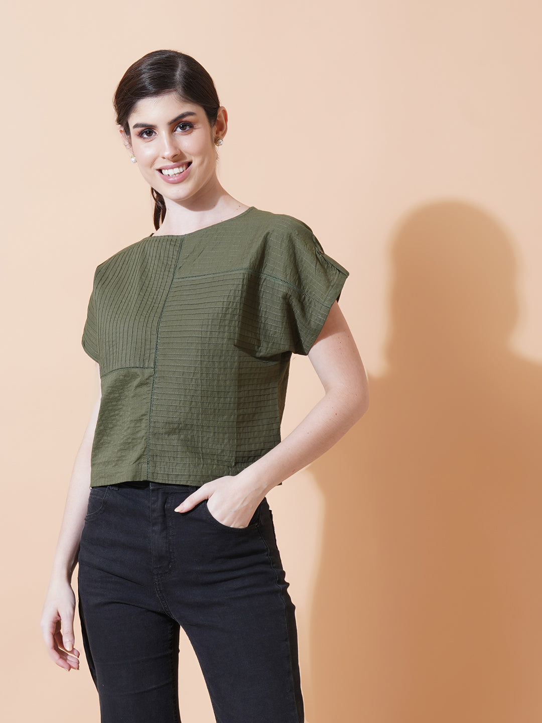 Women Olive Solid Pintuck Cotton Crop Top