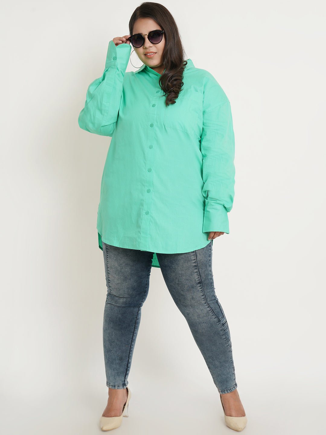 Women Green Full Sleeves Collar Style Plus Size Top