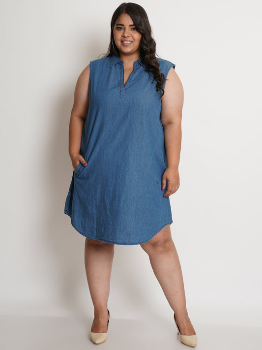 Women Blue Collared Denim Plus Size Shirt Dress