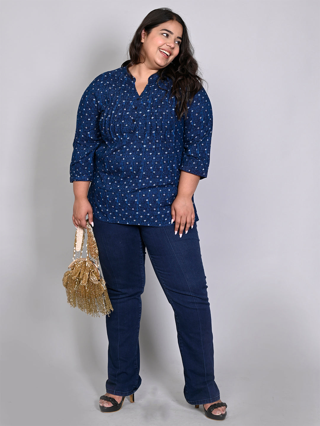 Women Plus Size Blue Printed Pintuck Mandarin Collar Longline Top