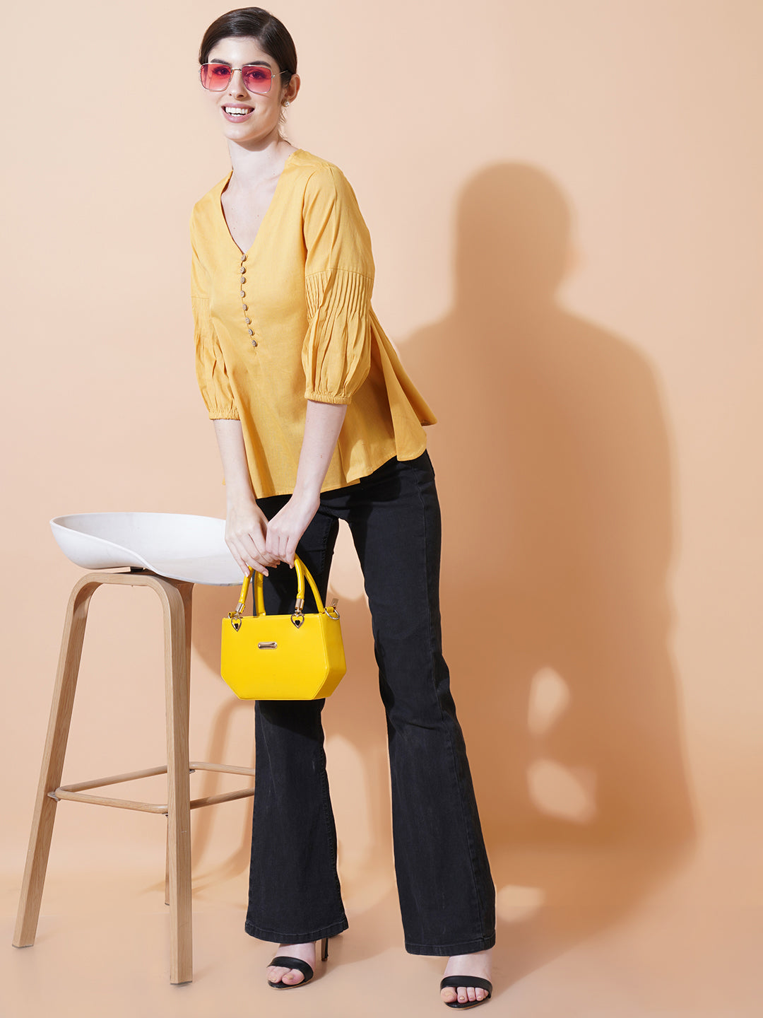 Women Yellow Solid Cotton Flex Top