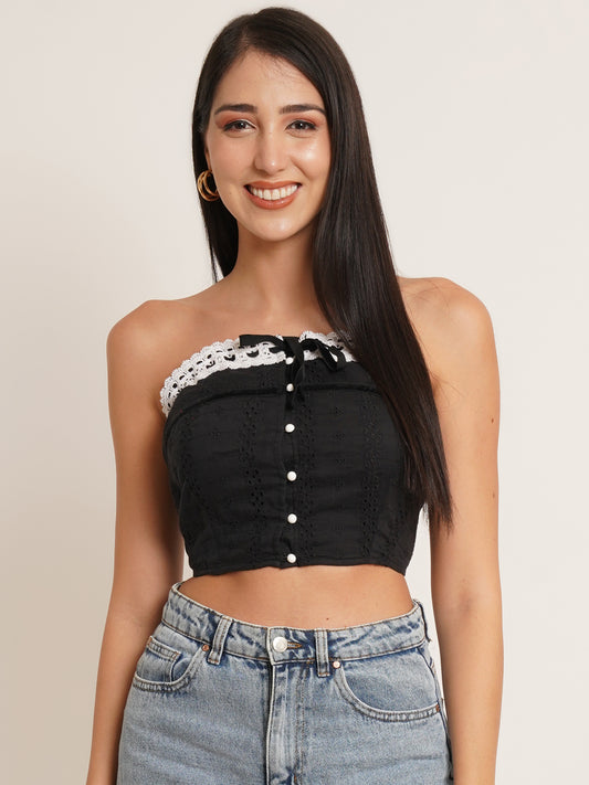 Women Black Schiffli Off-Shoulder Cotton Crop Top