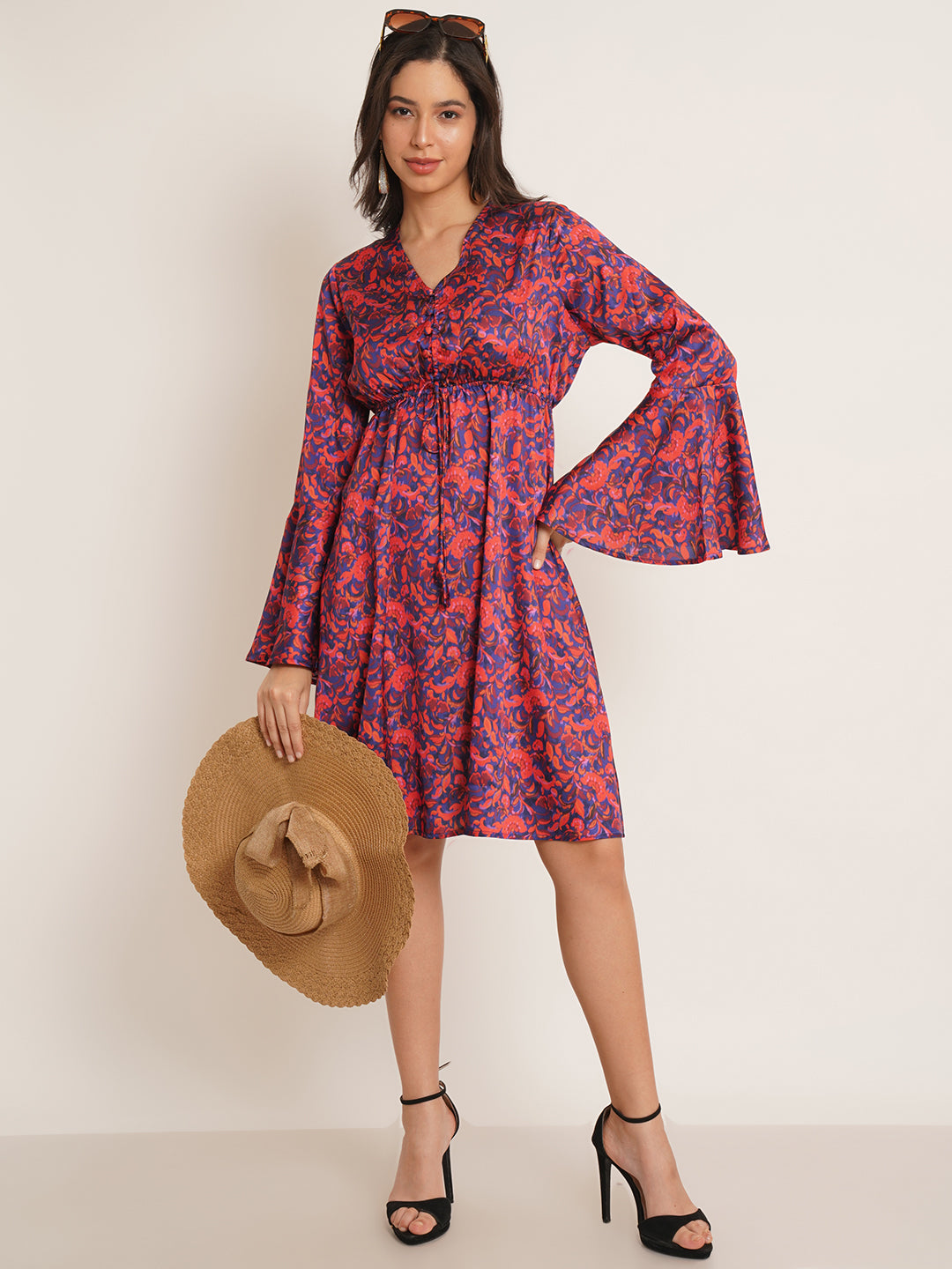 Women Red & Navy Blue Printed Bell Sleeve Drawstring Fit & Flare Dress