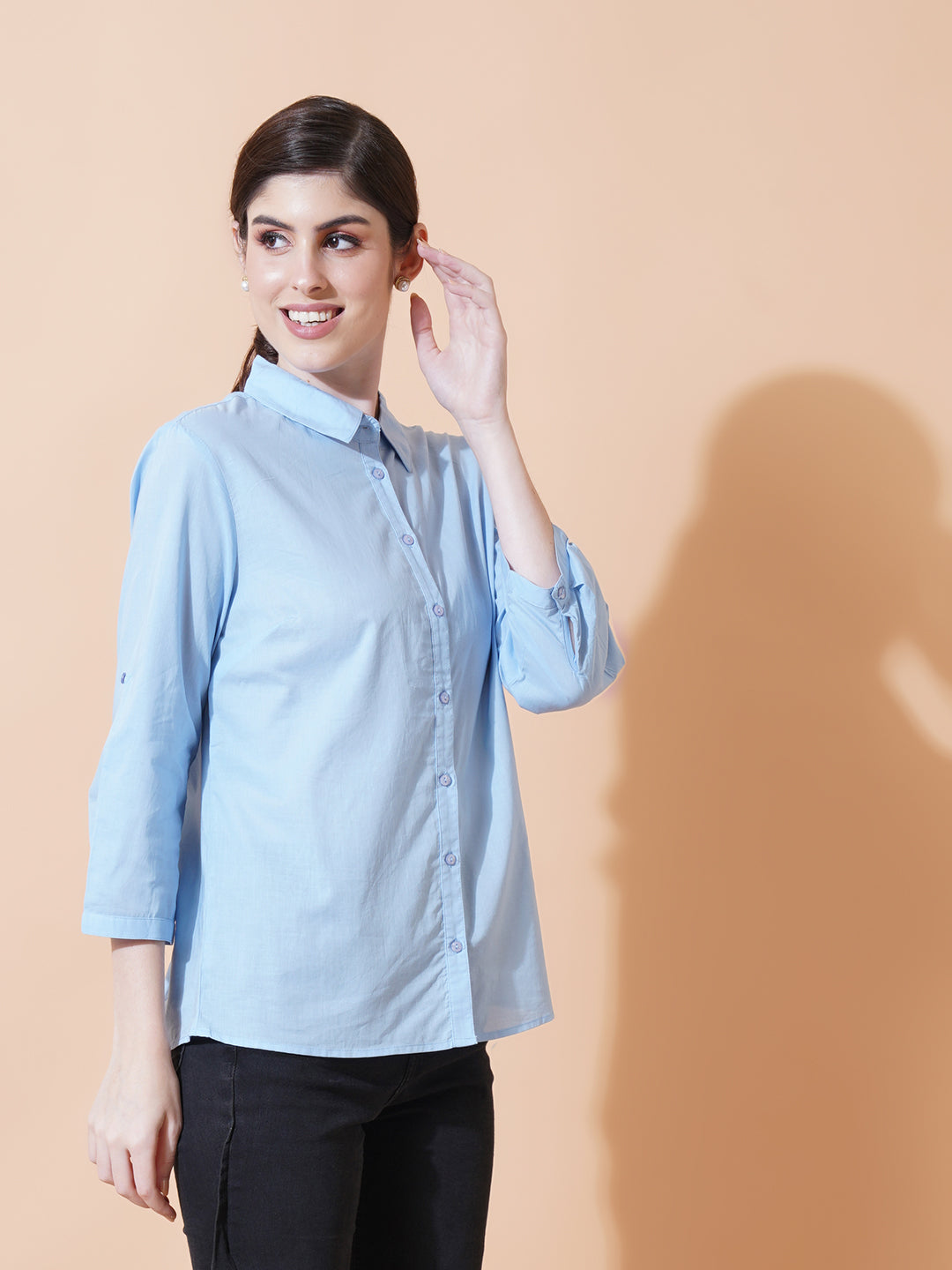 Women Blue Solid Spread Collar Cotton Shirt Style Top